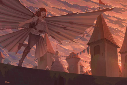 Anime-style original character with large wings perched on a rooftop, set against a dramatic sunset sky in a detailed 4K Ultra HD desktop wallpaper.