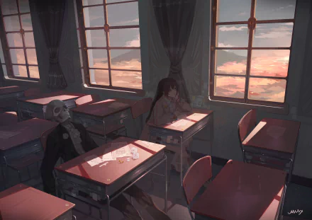 4K Ultra HD PC desktop wallpaper — anime room: sunset-lit classroom with a girl and a skeleton seated at desks, warm light streaming through large windows.