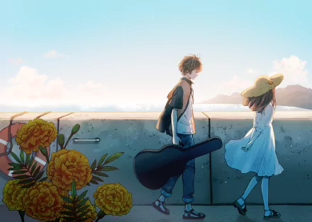 Anime-style HD desktop wallpaper of a brown-haired boy with a guitar case and a girl in a white dress and hat, standing by the sea with yellow flowers in the foreground.