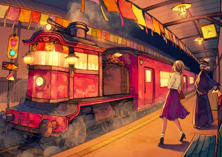 Anime train HD PC desktop wallpaper: vibrant anime-style red locomotive at a lantern-lit station platform, two passengers silhouetted under warm evening lights.