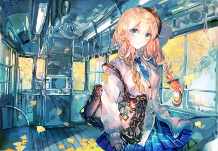 HD PC desktop wallpaper: anime girl with braided blonde hair and blue eyes in a sunlit train carriage, wearing a school uniform and carrying a satchel.