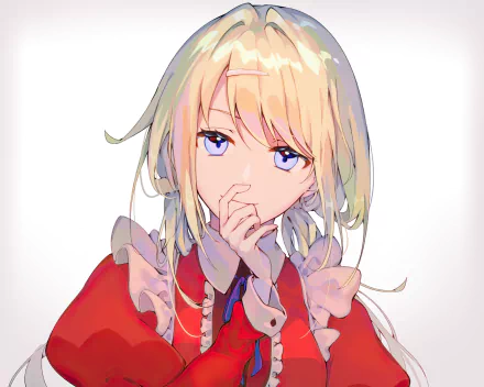 Anime original HD PC desktop wallpaper: close-up of a blonde, blue-eyed girl in a red outfit, hand near her mouth, soft white background.