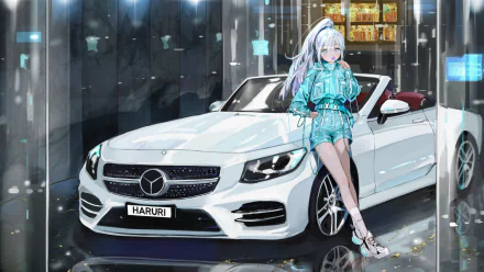 Anime original girl with turquoise hair in a translucent raincoat leans against a white Mercedes convertible under city rain — HD PC desktop wallpaper/background with glossy reflections.