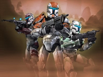 HD desktop wallpaper featuring characters from Star Wars: Republic Commando in sci-fi armor, holding futuristic weapons, with a dynamic background.