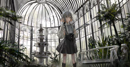 HD anime desktop wallpaper featuring an anime girl with silver hair holding a book inside a bright, glass-walled greenhouse filled with plants and a central fountain.