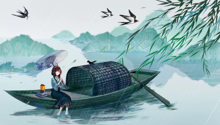 Yuezheng Ling, Anime Vocaloid, sits on a bamboo boat in gentle rain with an umbrella; swallows fly above misty mountains and bamboo reflected on calm water — 4K Ultra HD PC wallpaper/background.