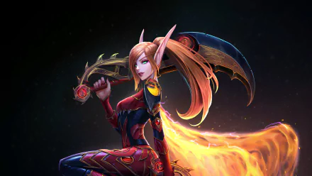 A fierce elf woman warrior with orange hair and green eyes wields a glowing sword, set against a dark, fiery fantasy backdrop in 4K Ultra HD resolution.