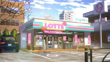 Anime-style HD desktop wallpaper of a brightly lit supermarket named Lotte, featuring colorful signage and a clear blue sky, set in an urban shop area.