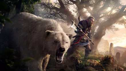 Eivor from Assassin's Creed Valhalla, standing alongside a fierce bear in a forest scene, depicted in HD as a desktop wallpaper and background.