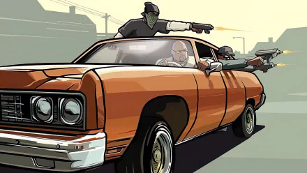 HD PC desktop wallpaper featuring a stylized scene from the video game Grand Theft Auto: San Andreas with characters aiming guns from a classic orange car.