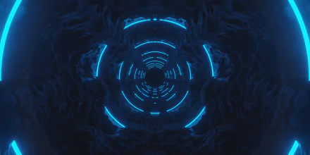 HD desktop wallpaper of a 3D abstract blue tunnel with glowing concentric rings, designed for an immersive background experience.