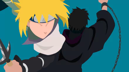 Minimalist 8K Ultra HD anime wallpaper featuring blonde Minato Namikaze and black-haired Obito Uchiha from Naruto, highlighting their warrior and Hokage roles.