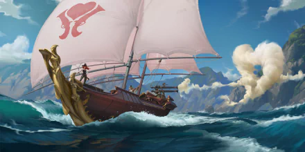 HD desktop wallpaper featuring Miss Fortune from the video game Legends of Runeterra aboard a ship with pink sails sailing through vibrant ocean waves.