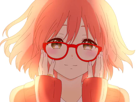 HD anime wallpaper featuring Mirai Kuriyama from Beyond the Boundary, with soft lighting and warm colors highlighting her red glasses and gentle expression.