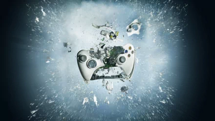 A dynamic HD desktop wallpaper featuring an Xbox controller bursting through an explosion of debris, capturing the energy of video gaming.
