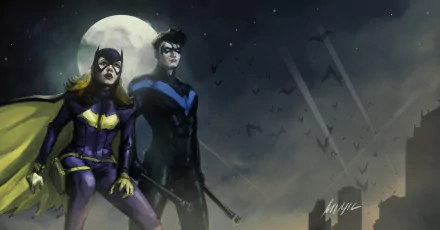 5K Ultra HD PC wallpaper: DC Comics Nightwing and Batgirl on a moonlit rooftop, bats swirling above a shadowed city skyline.
