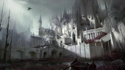 HD fantasy desktop wallpaper featuring a towering, gothic castle shrouded in mist and shadows under a dark, overcast sky.