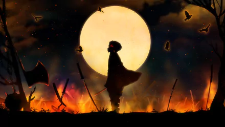 HD desktop wallpaper of Tanjiro Kamado from Demon Slayer: Kimetsu no Yaiba, silhouetted against a full moon with a fiery battlefield scene.