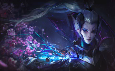 HD desktop wallpaper featuring Vayne from League of Legends, showcasing her intense gaze and mystical energy in a dark, vibrant video game-inspired setting.