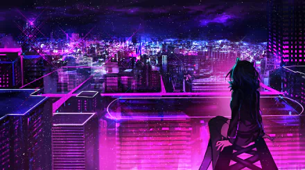 An HD anime-themed wallpaper featuring a night view of a neon-lit cityscape. A character is seated on a rooftop, gazing at the vibrant lights that illuminate the city against a starry sky.