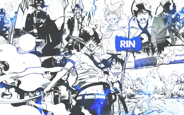 HD PC desktop wallpaper featuring Rin Okumura from the anime Blue Exorcist, showcasing dynamic blue and black tones with intense action poses.
