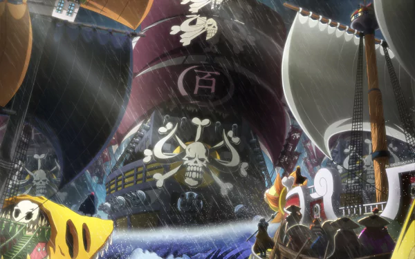 HD wallpaper of Eustass Kid, Trafalgar Law, and Monkey D. Luffy from the anime One Piece, featuring detailed pirate ships in a dramatic ocean scene.