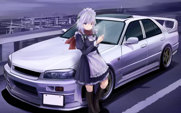 Sakuya Izayoi (Touhou) in her maid outfit leaning against a silver sports car on a bridge at dusk — anime 4K Ultra HD PC desktop wallpaper.