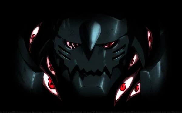 HD wallpaper featuring Alphonse Elric from the anime Fullmetal Alchemist, showcasing his iconic armored visage with glowing red eyes against a dark background.