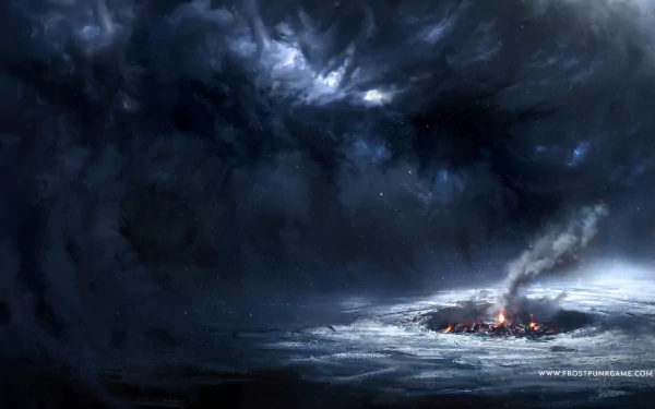 4K Ultra HD Frostpunk video game wallpaper showcasing a cold, dark landscape with a small, burning settlement under a stormy sky.