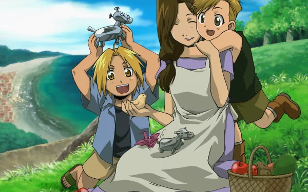 HD PC desktop wallpaper: Trisha Elric with young Edward and Alphonse Elric from Fullmetal Alchemist on a sunny grassy hillside picnic, toys and a wicker basket.