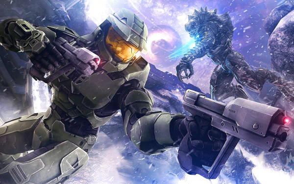 4K Ultra HD PC wallpaper featuring a dynamic Halo battle scene with Master Chief aiming a weapon against an alien enemy amid a cosmic backdrop.