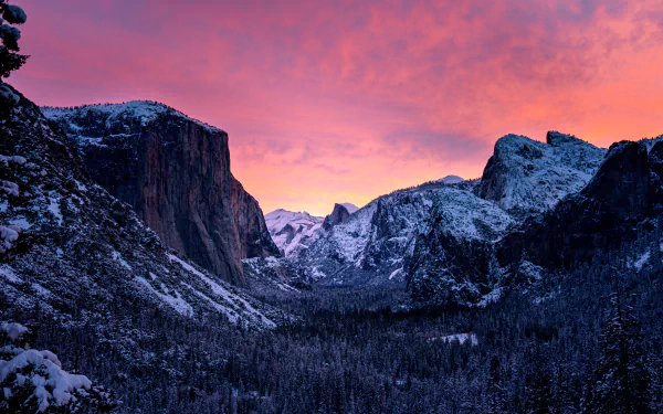 Snow-covered mountains of Yosemite National Park under a vibrant pink and orange sunset sky, captured in stunning 8K Ultra HD for a PC desktop background.