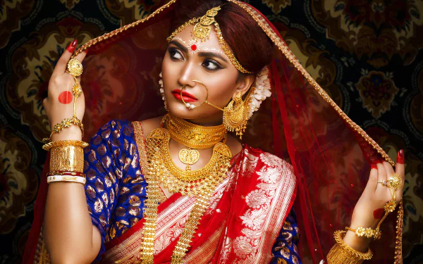 saree jewelry necklace lipstick Indian woman model HD Desktop Wallpaper | Background Image