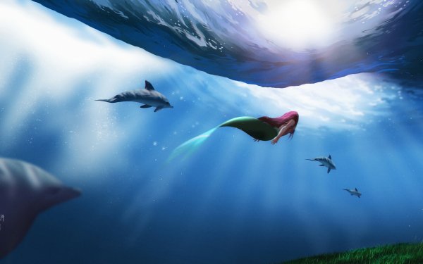 Movie The Little Mermaid (1989) The Little Mermaid Ariel Dolphin Mermaid Underwater Red Hair Sea HD Wallpaper | Background Image