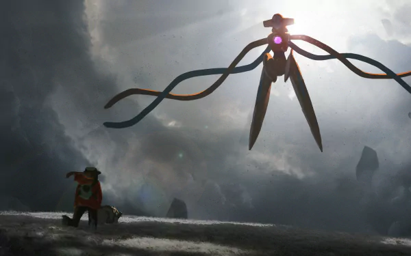 A dramatic 4K Ultra HD anime-style Pokémon scene featuring Deoxys confronting a trainer against a stormy, dark sky background.