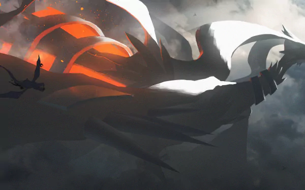 HD desktop wallpaper featuring Reshiram from Pokémon in an anime style, set against a dramatic, cloudy background with orange and grey hues.