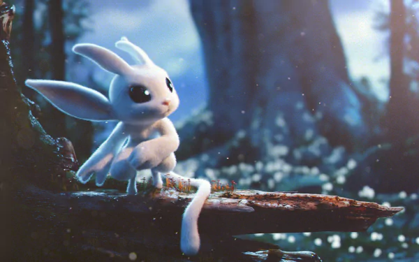 HD PC desktop wallpaper featuring Ori, the white guardian spirit from the video game Ori and the Blind Forest, sitting on a branch in a mystical forest.