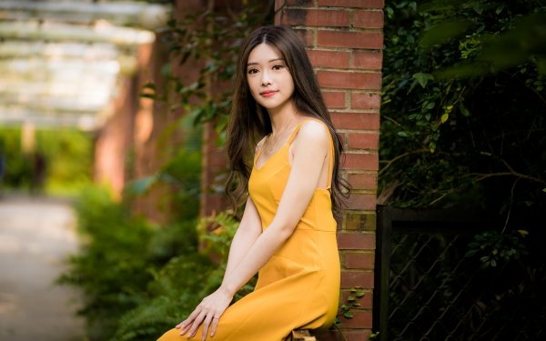 Women Asian Model Yellow Dress Brunette Long Hair Lipstick HD Wallpaper | Background Image