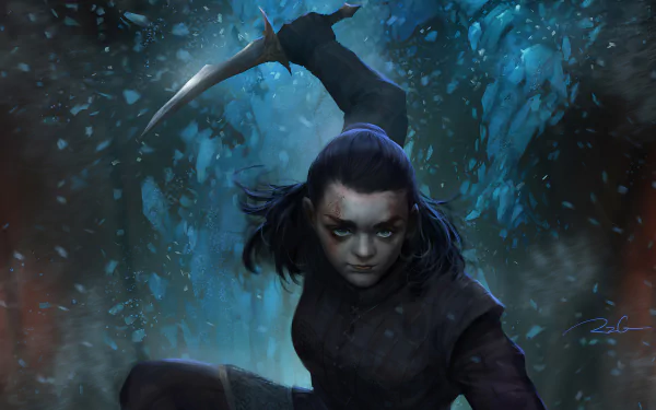 Digital artwork of Arya Stark, portrayed by Maisie Williams in Game of Thrones, featured as a 4K Ultra HD PC desktop wallpaper and background.