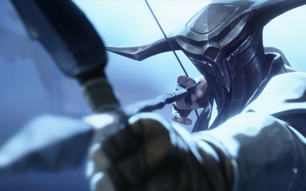 HD desktop wallpaper featuring a dynamic close-up of a helmeted archer from the video game Legends of Runeterra, captured in mid-shot with a drawn bow.