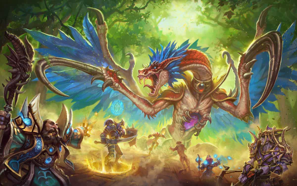 Epic battle scene from World of Warcraft featuring armored heroes facing a fierce dragon in a vibrant forest, rendered as an 8K Ultra HD PC desktop wallpaper.