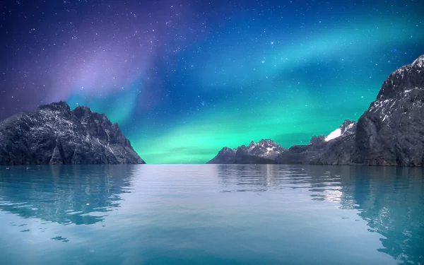 4K Ultra HD PC desktop wallpaper: tranquil sea framed by rocky fjords under vibrant green and purple aurora borealis across a starry sky.