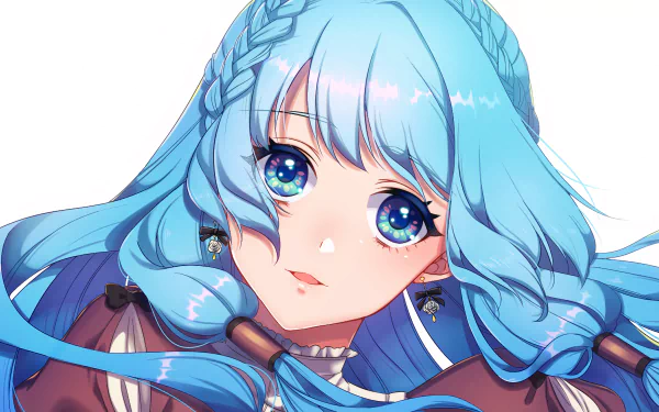 HD anime desktop wallpaper featuring an original character with striking blue eyes and flowing blue hair against a white background.