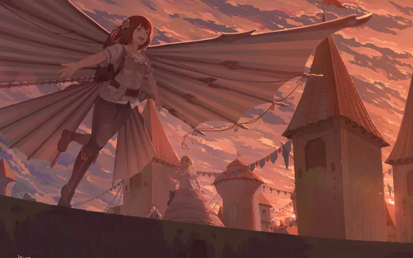 Anime-style original character with large wings perched on a rooftop, set against a dramatic sunset sky in a detailed 4K Ultra HD desktop wallpaper.