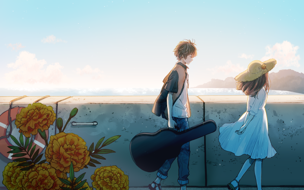 Anime Original White Dress Guitar Flower Hat Sea Brown Hair HD Wallpaper | Background Image