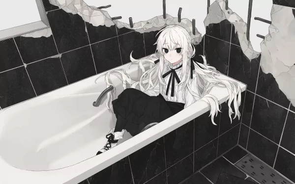 Black and white anime-style HD desktop wallpaper featuring an original character with long white hair sitting in a damaged bathroom bathtub surrounded by cracked tiles.