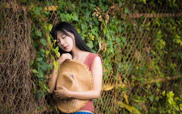 straw hat black hair mood model woman asian HD Desktop Wallpaper | Background Image