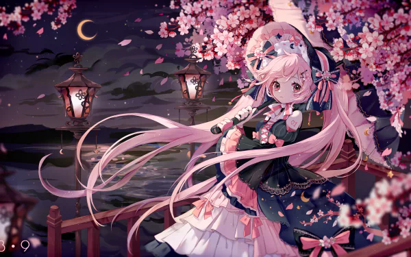 Sakura Miku anime Vocaloid beneath moonlit cherry blossoms, flowing pink hair and lanterns — 2K Quad HD PC desktop wallpaper/background.