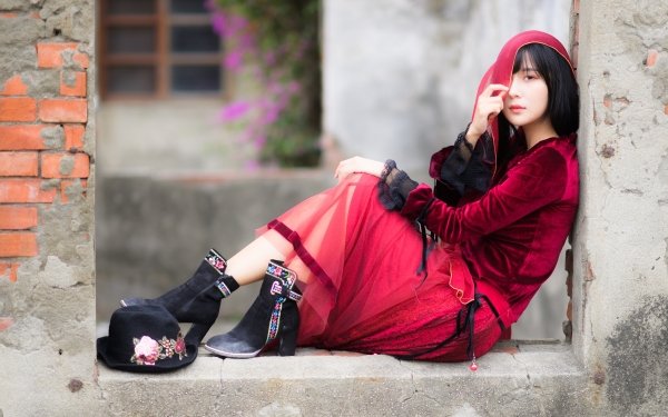 Women Asian Model Black Hair Red Dress Depth Of Field HD Wallpaper | Background Image