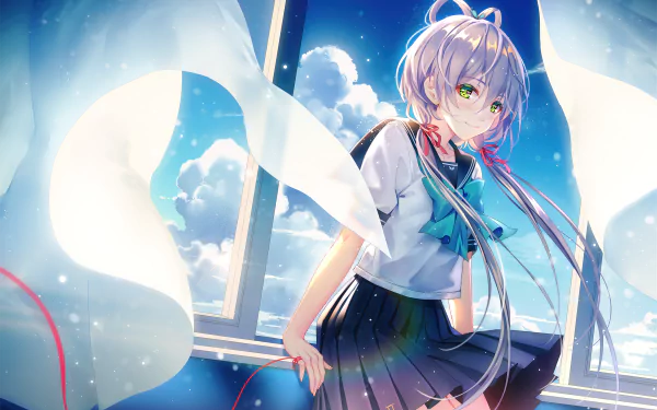 A vibrant HD desktop wallpaper featuring Luo Tianyi from Vocaloid, depicted in an anime style, sitting by a window with flowing curtains and a bright sky in the background.